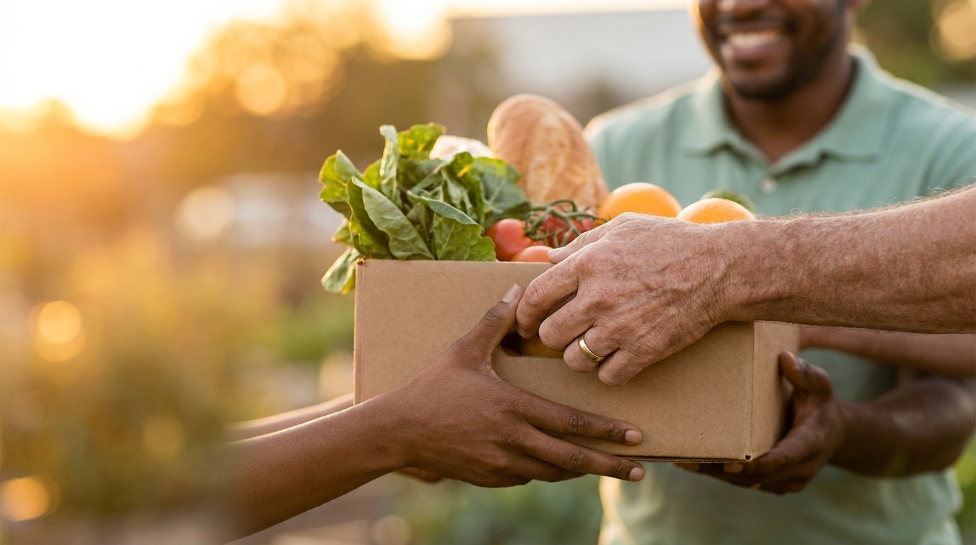 Dream Builders Mission volunteers handing fresh groceries to families at a community food distribution